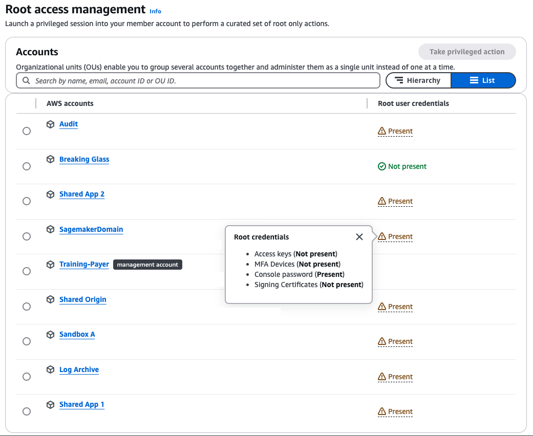 Root Access Management liste des comptes
