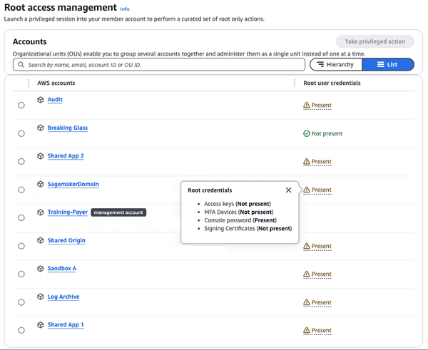 Root Access Management liste des comptes